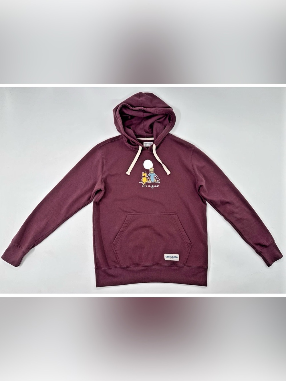 Life is Good Hoodie Mens Medium Jake Dog Campfire Pullover Sweatshirt Hiking